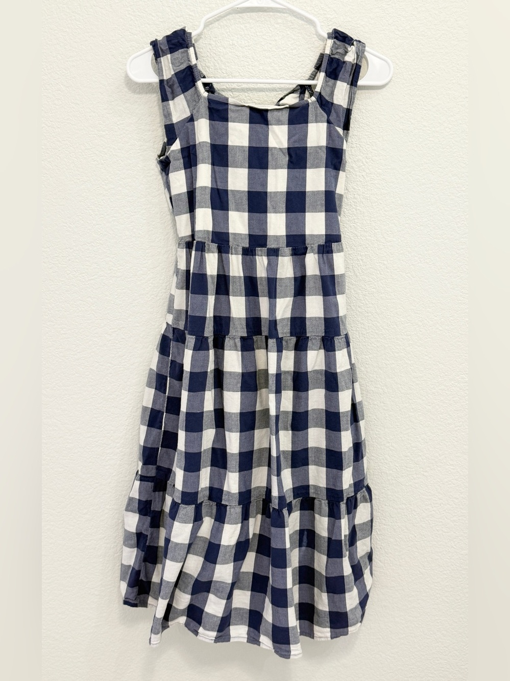 Old Navy Girls Blue White Gingham Tiered Midi Dress Smocked Back XL 14/16